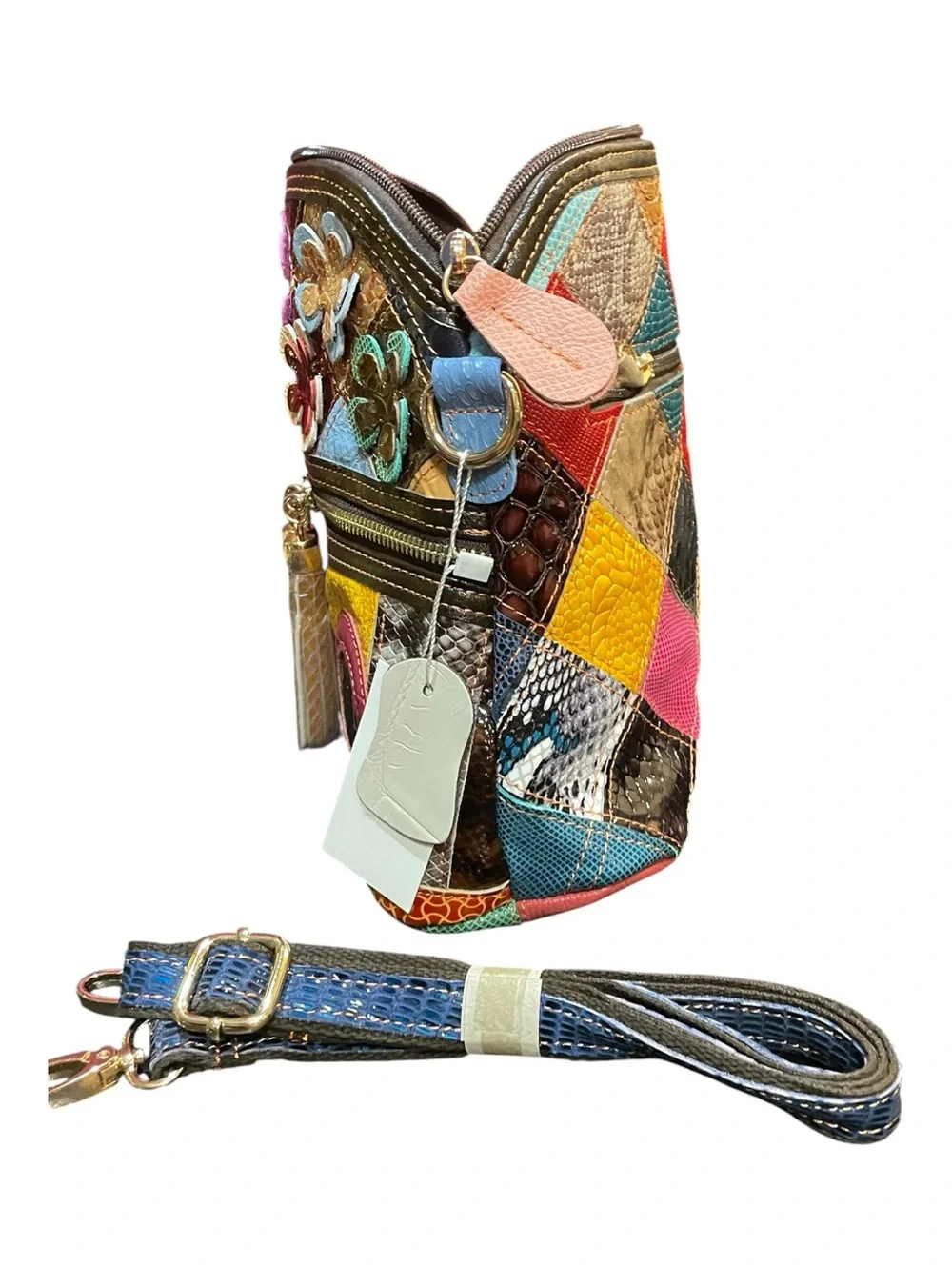 Colorful Patchwork Floral Crossbody Bag - Tassel Zips - Upcycled - Leather
